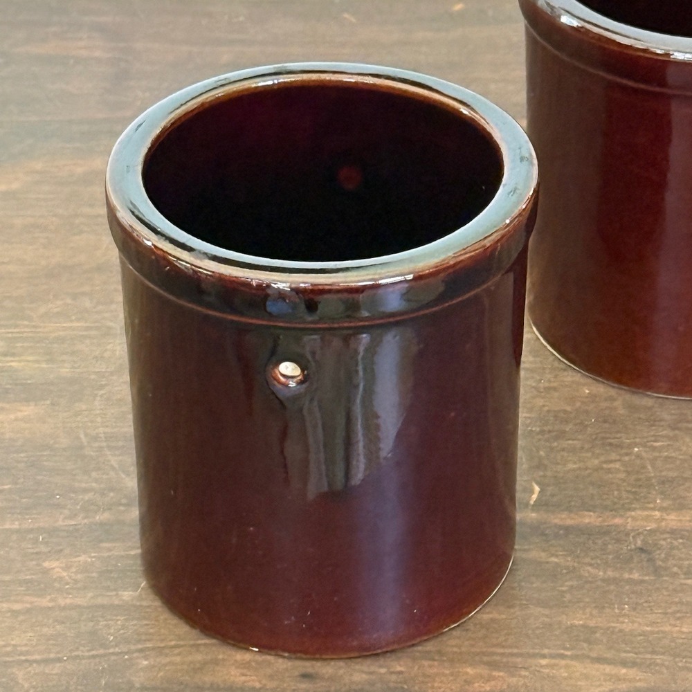 Vintage Brown Glazed Stoneware Crocks Set of 2 Primitive Pottery Jars - Picture 4 of 6